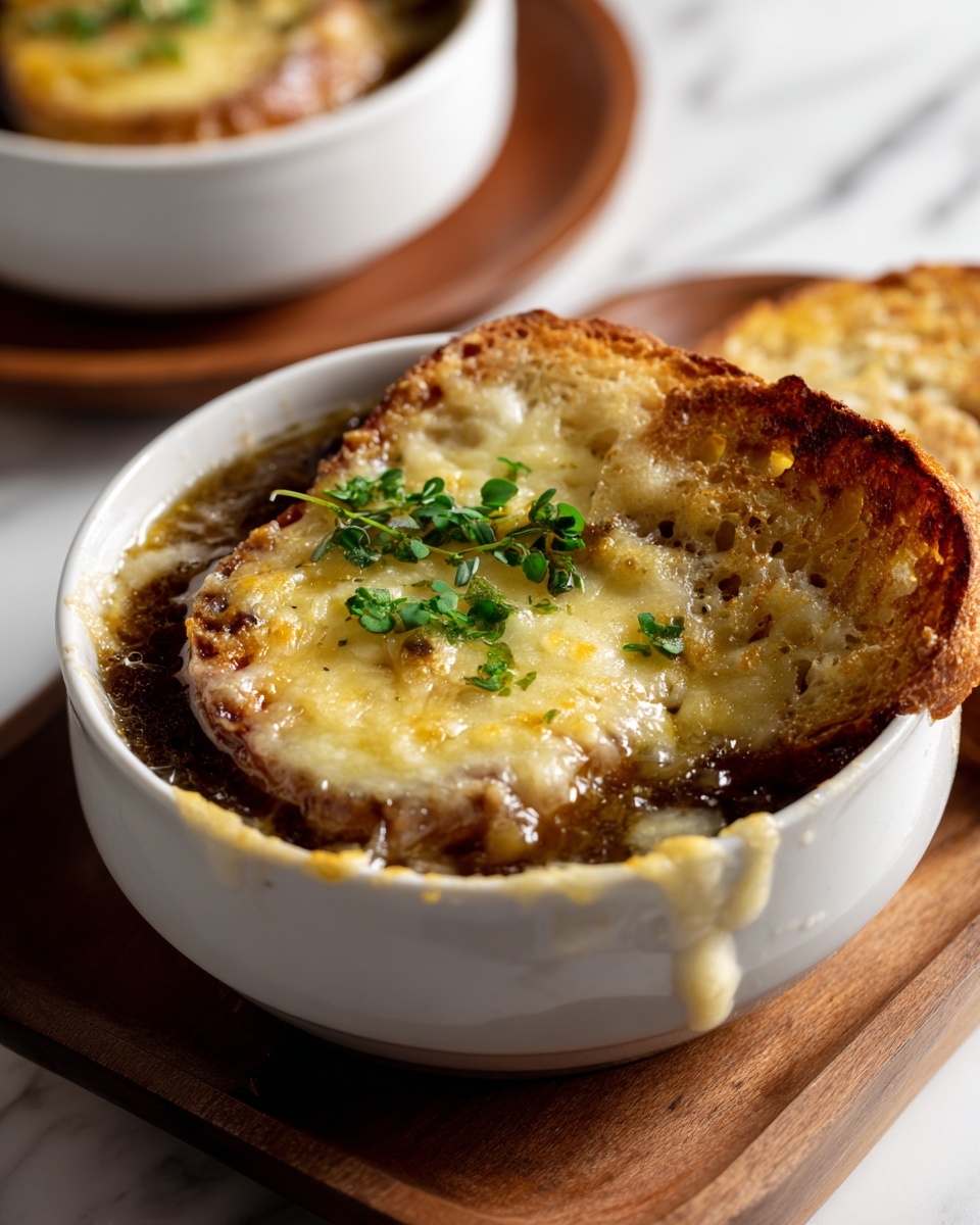 The image shows a white round bowl filled with three layers of French onion soup. The bottom layer is a dark brown broth with small pieces of cooked onions visible. Over this, a thick layer of melted golden-yellow cheese is melted smoothly and browned on top, with some bubbles and slightly crispy edges. A toasted slice of bread with a golden-brown crust is partially dipped in the soup, leaning on the side of the bowl and covered with gooey melted cheese that extends above the bowl’s edge. Small fresh green herb leaves are sprinkled on top of the cheese. The bowl is placed on a wooden board with another similar bowl blurred in the background, all set on a white marbled surface. Photo taken with an iphone --ar 4:5 --v 7