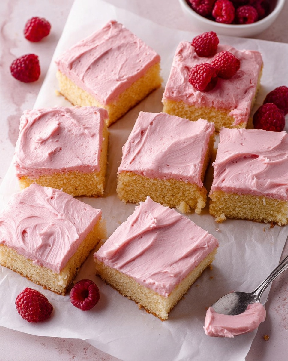 The image shows square pieces of yellow cake with a thick, smooth layer of light pink frosting on top. The frosting is creamy with soft peaks and small specks visible inside. The cake looks moist and fluffy with a crumbly texture. The cake pieces sit on white parchment paper over a white marbled surface. Around the cake pieces are a few whole fresh red raspberries and a silver spoon with some of the pink frosting on it. Photo taken with an iphone --ar 4:5 --v 7