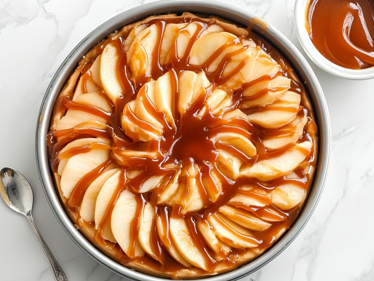 A top view of a 6-inch round cake pan with a layered dessert inside, starting with a bottom layer of light beige apple slices arranged in a circular pattern, topped with a drizzle of rich, shiny caramel sauce in irregular lines, and finished with a thick, smooth layer of light brown whipped cream covering the middle and center of the pan. The cake pan sits on a white marbled texture surface, with a white bowl filled with caramel sauce and a spoon covered in caramel positioned nearby. Photo taken with an iphone --ar 4:5 --v 7
