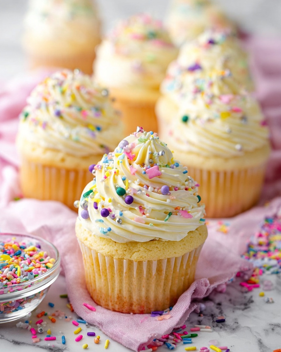 Easy Homemade Vanilla Cupcakes Recipe 6 A group of pale yellow cupcakes with one cupcake in front as the main focus, each topped with a tall swirl of creamy white frosting. The frosting is decorated with a variety of colorful sprinkles in bright colors like pink, blue, yellow, green, purple, and silver balls, stars, and small rods. The cupcakes sit on a soft pink cloth on a white marbled surface scattered with more colorful sprinkles. In the background, there is a small clear bowl filled with more sprinkles. The overall look is bright, cheerful, and playful. photo taken with an iphone --ar 4:5 --v 7