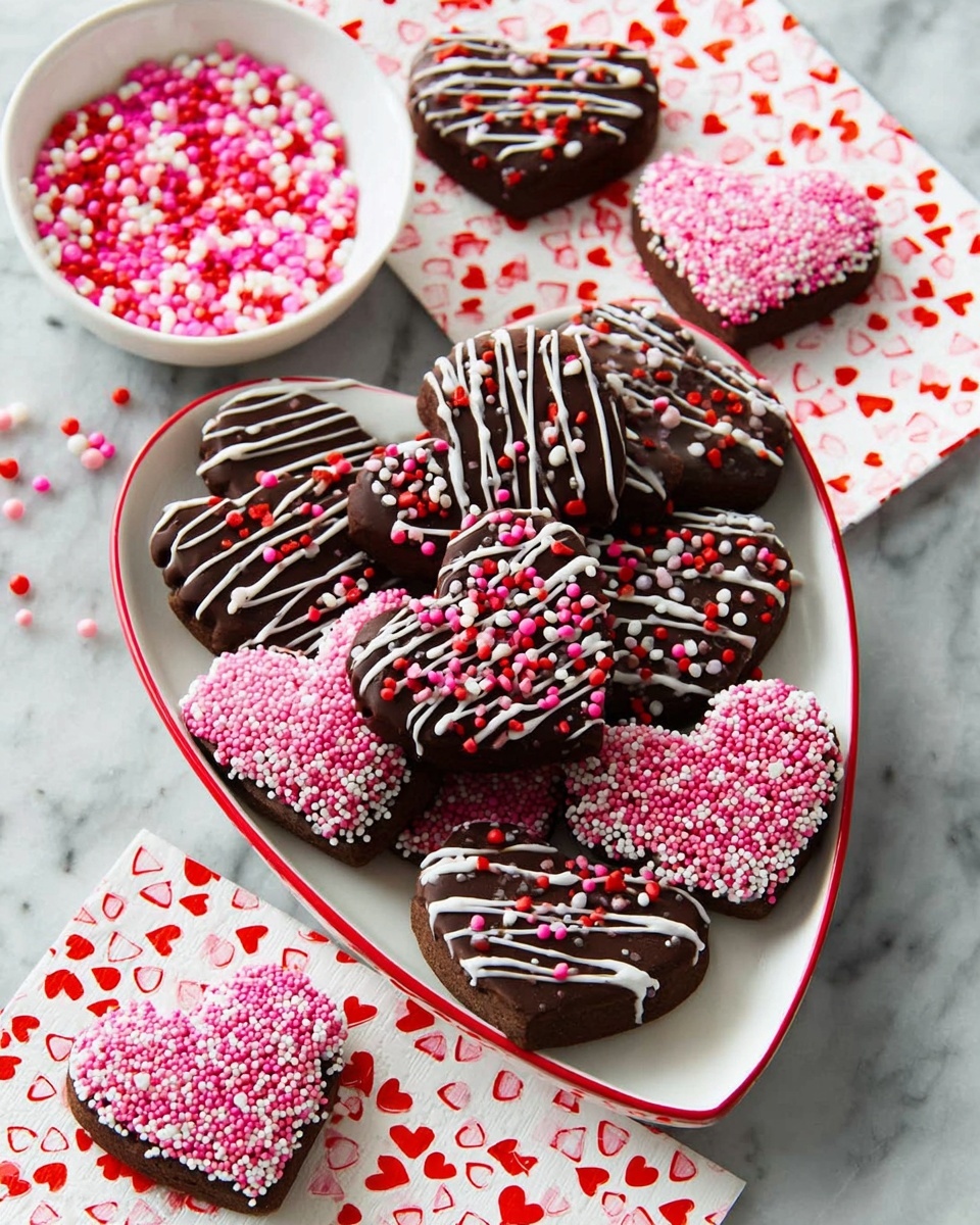A close-up view of several heart-shaped chocolate treats stacked together on a white marbled surface. Each heart is coated in smooth dark chocolate with thin white chocolate lines drizzled across the top in parallel patterns. The tops are decorated with small round sprinkles in red, pink, and white, scattered lightly over the drizzle. One treat in the foreground is bitten, revealing a dense, dark brown interior layer beneath the chocolate coating. The background shows more of these heart-shaped chocolates softly out of focus. Photo taken with an iphone --ar 4:5 --v 7