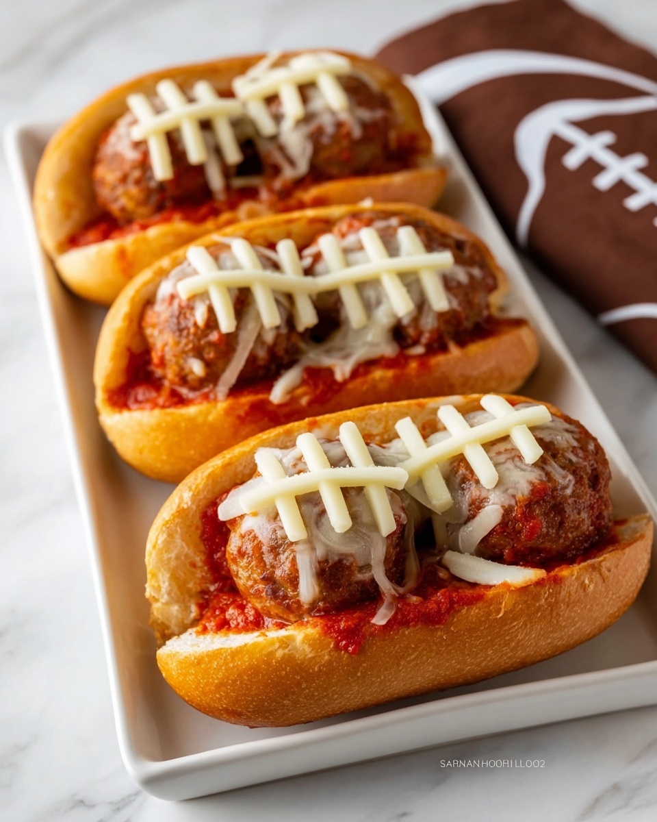 There are five golden brown football-shaped baked dough pockets arranged in a neat row on a long white rectangular plate. Each piece has a slightly puffed crust with twisted dough ends that resemble tied knots. On top of each piece, two overlapping round pepperoni slices decorated with white icing form the shape of a football lace design. The plate rests on a green towel printed with white football field markings, all set on a white marbled surface. In the background, a white bowl filled with red sauce is partially visible. Photo taken with an iphone --ar 4:5 --v 7