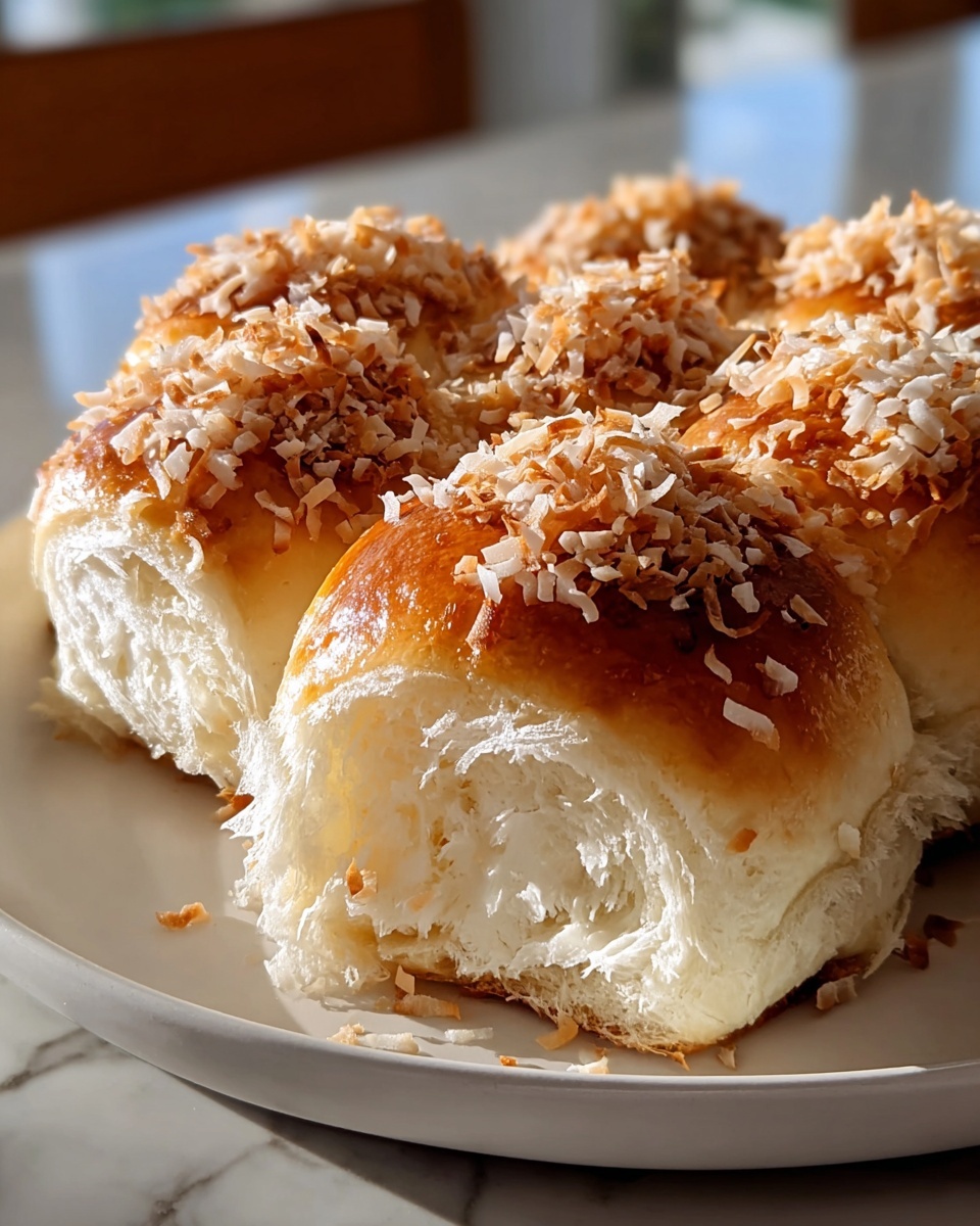 A white plate filled with a full batch of soft, golden Hawaiian sweet rolls topped generously with toasted coconut flakes, each roll uncut and showing a shiny, glazed finish, arranged neatly together to showcase the fluffy texture and coconut decoration, all placed on a white marble countertop with natural lighting highlighting the warm tones, professional food magazine style hero shot photo taken with an iphone --ar 4:5 --v 7