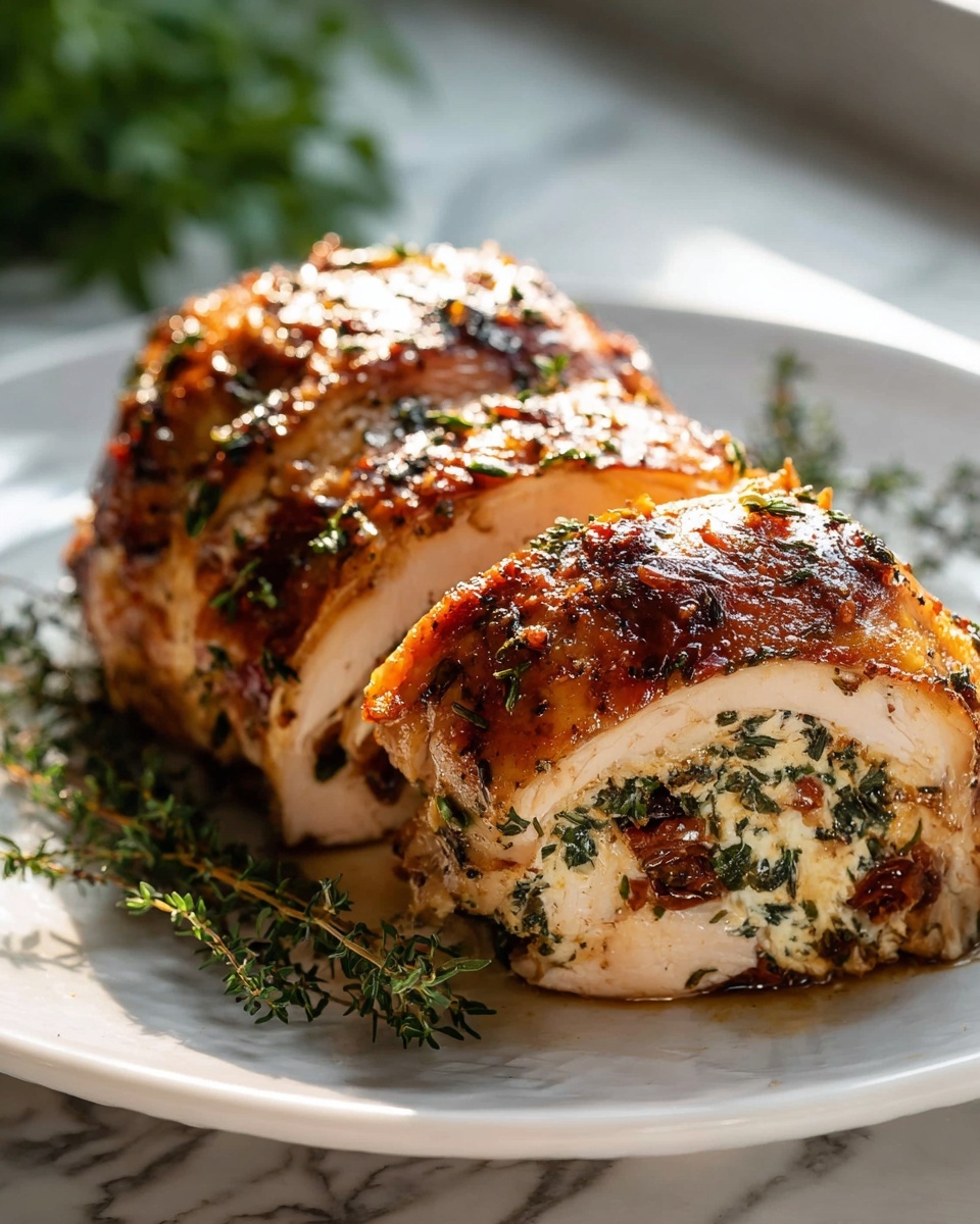 Herbed Ricotta Stuffed Chicken Rolls Recipe 4 Whole golden-brown stuffed chicken roulade resting on a large white platter, showcasing a fully intact presentation with a crispy, herb-speckled skin and a visible filling of seasoned cheese, chopped herbs, and sun-dried tomatoes inside the tender poultry. The entire roulade is accompanied by sprigs of fresh thyme for garnish, all set against a white marble background with natural lighting creating an inviting, glossy texture on the surface. This professional food magazine-style hero shot is captured from a 3/4 angle, emphasizing the complete, uncut dish in pristine condition, photo taken with an iphone --ar 4:5 --v 7