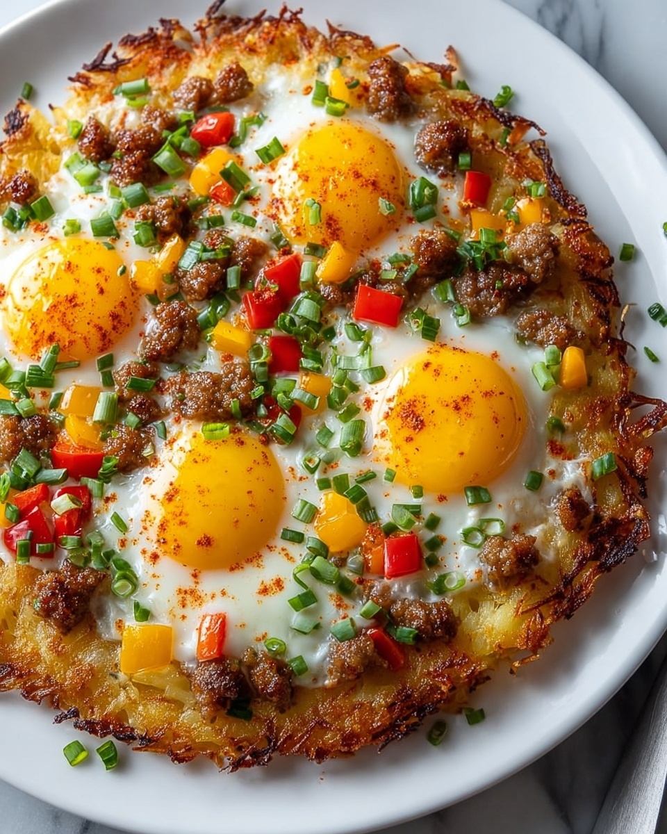 Breakfast Pizza with Crispy Hash Brown Crust and Eggs Recipe 6 Whole white plate presenting a full potato and cheese hash brown breakfast pizza topped with three sunny side up eggs, scattered browned sausage crumbles, diced red and yellow bell peppers, and fresh chopped green onions, garnished with a light dusting of paprika, edges crisp and golden, photographed from a 3/4 angle on a white marble surface with natural lighting, styled like a hero shot in a food magazine, photo taken with an iphone --ar 4:5 --v 7