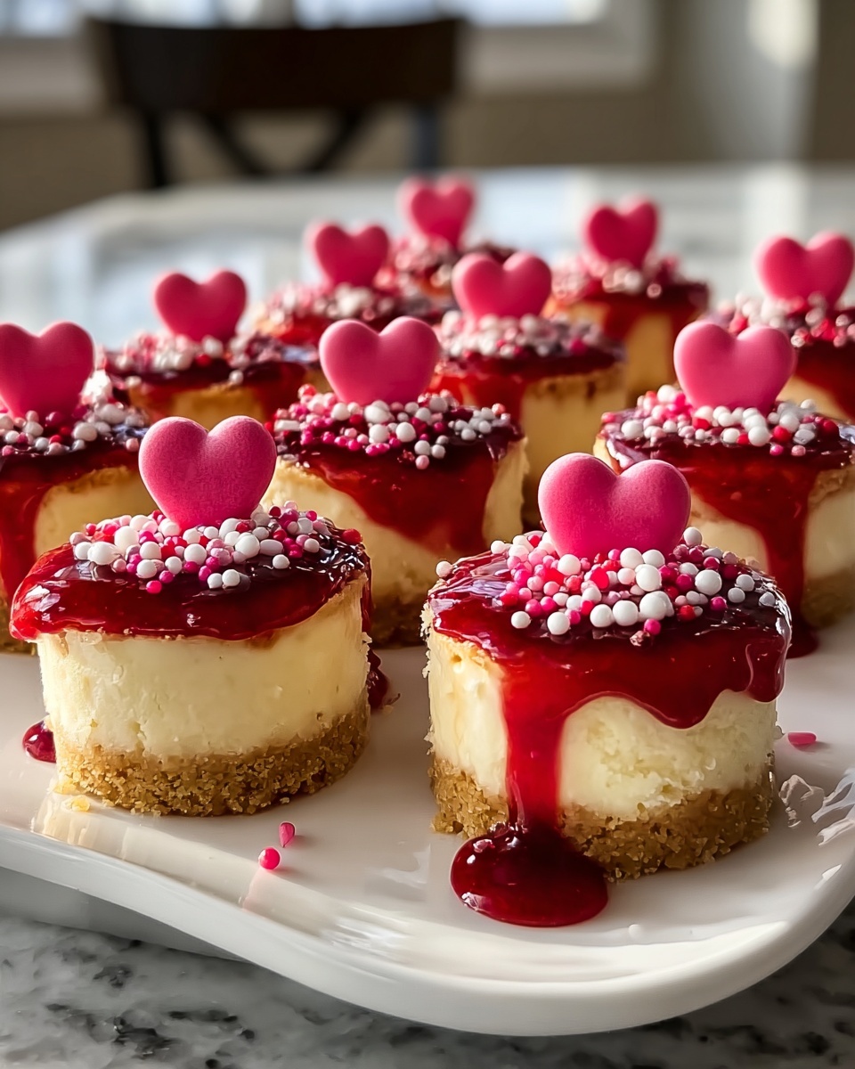 Irresistible Mini Valentine’s Day Cheesecake Bites in 4 Easy Steps Recipe 6 A large white serving platter filled with a full batch of mini cheesecakes, each with a golden graham cracker crust base, topped generously with glossy red berry sauce dripping down the sides, sprinkled with vibrant pink, white, and red nonpareil sprinkles, and adorned with charming pink heart-shaped fondant decorations, arranged neatly in rows to showcase the complete set, photographed from a 3/4 angle on a white marble countertop under natural light, styled like a hero shot from a food magazine, photo taken with an iphone --ar 4:5 --v 7