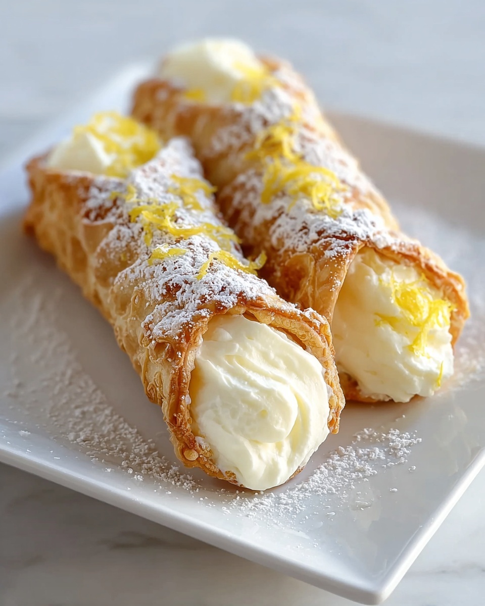 White rectangular plate filled with a full dozen golden puff pastry cream horns, each delicately filled with smooth, creamy custard lightly speckled with lemon zest, and dusted generously with powdered sugar, arranged neatly in rows showing their flaky layers, all captured from a professional 3/4 angle on a white marble countertop with natural lighting, styled like a hero shot from a food magazine, photo taken with an iphone --ar 4:5 --v 7