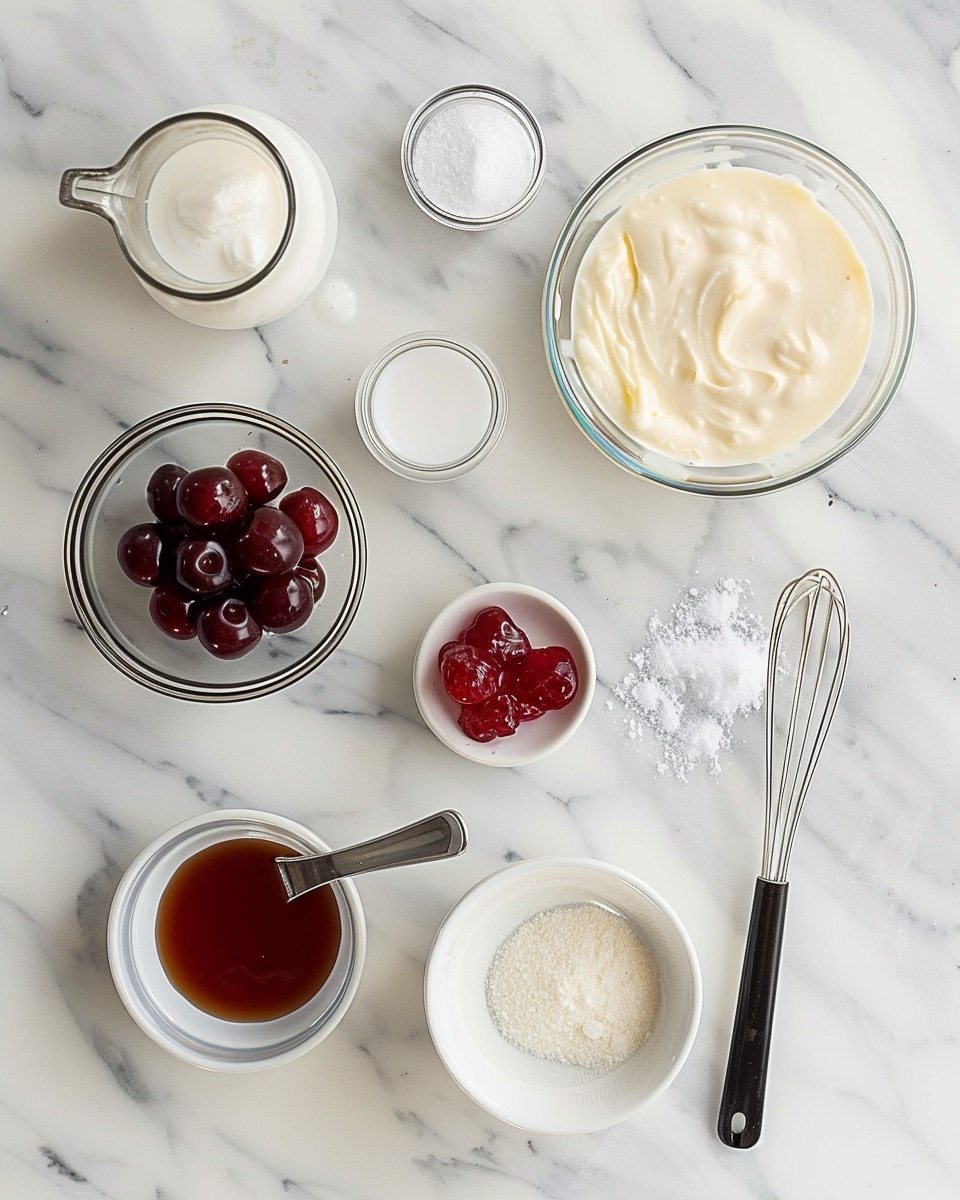 Large white serving bowl filled with a generous scoop of creamy cherry ice cream, richly studded with whole dark cherries and vibrant cherry sauce swirls throughout, accompanied by multiple similar bowls arranged elegantly on a white marble countertop under soft natural lighting, professional food magazine style photo taken with an iphone --ar 4:5 --v 7