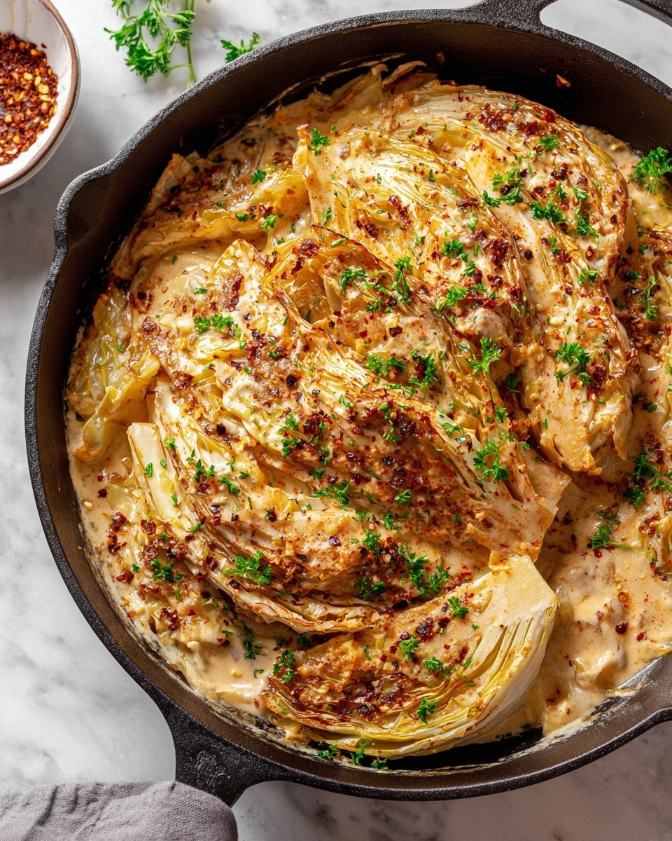 Large black cast iron skillet filled with whole wedges of roasted cabbage bathed in a creamy, cheesy sauce, sprinkled generously with red pepper flakes and fresh green parsley, the cabbage wedges caramelized to golden brown on the edges, the sauce bubbling slightly around the edges of the skillet, presented on a white marble countertop, captured in natural light with a professional 3/4 angle food photography style, photo taken with an iphone --ar 4:5 --v 7