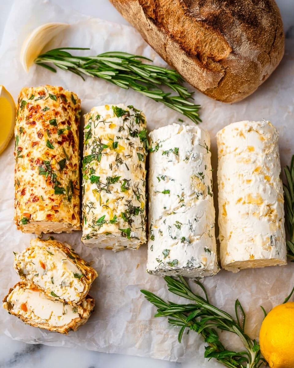 DIY Flavored Butter Recipes with Herb, Citrus, and Honey Varieties Recipe 6 Four whole logs of artisanal flavored cheeses arranged neatly on white parchment paper over a white marble countertop, each cheese log richly infused with herbs, spices, and citrus zest such as dill, rosemary, chives, chili flakes, and lemon, accompanied by fresh sprigs of rosemary and a halved lemon for garnish, a rustic loaf of crusty bread placed beside the cheese logs, photographed with natural lighting from a 3/4 angle to capture the textures and colors with professional food styling, whole dish in frame, photo taken with an iphone --ar 4:5 --v 7