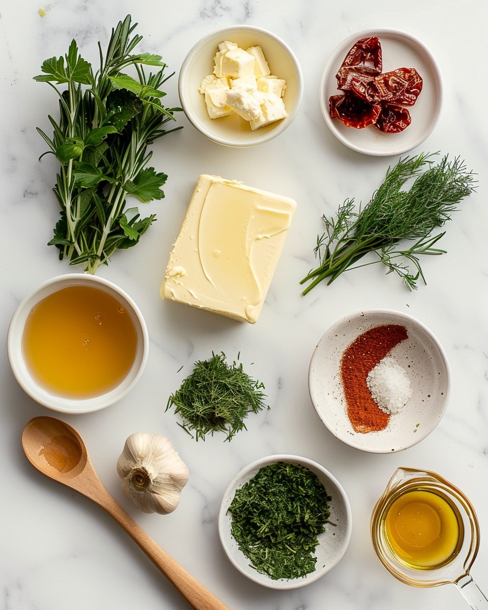 DIY Flavored Butter Recipes with Herb, Citrus, and Honey Varieties Recipe 5 Single white ramekin filled with a creamy herb and spice flavored butter, close-up view showing the smooth, fluffy texture with visible flecks of fresh dill, chives, lemon zest, and bits of cinnamon and herbs, spoonful scooped out to reveal the airy interior, garnished with fresh sprigs of rosemary and thyme placed on a white marble surface, natural lighting highlighting the rich texture, intimate plated serving, photo taken with an iphone --ar 4:5 --v 7