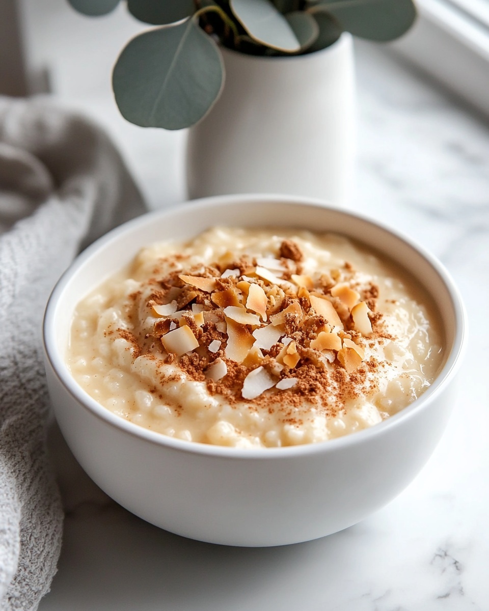 Large white serving bowl filled with creamy rice pudding topped evenly with a generous dusting of cinnamon powder, the surface smooth and inviting, capturing the comforting texture of the rice grains softly cooked in milk, arranged as a whole dish, photographed from a 3/4 angle on a white marble countertop with natural lighting, professional food styling photo taken with an iphone --ar 4:5 --v 7