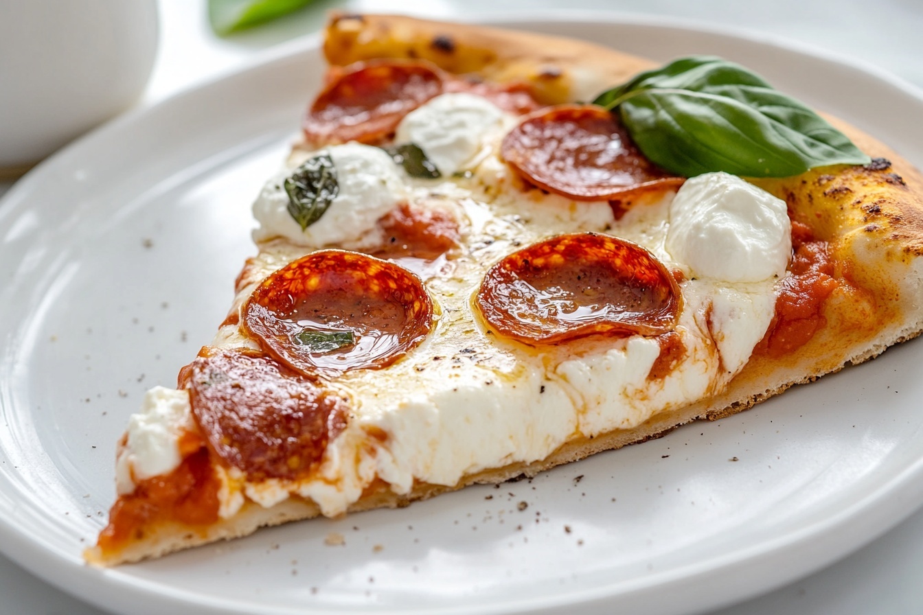 Hot Honey Pepperoni Ricotta Pizza Recipe 6 Whole, uncut traditional pepperoni pizza on a large white plate, topped with evenly distributed spicy pepperoni slices, dollops of creamy ricotta cheese, a golden melted mozzarella layer, and fresh basil leaves scattered across a perfectly baked, slightly charred crust, all presented on a white marble countertop in natural lighting, professional food magazine hero shot, photo taken with an iphone --ar 4:5 --v 7
