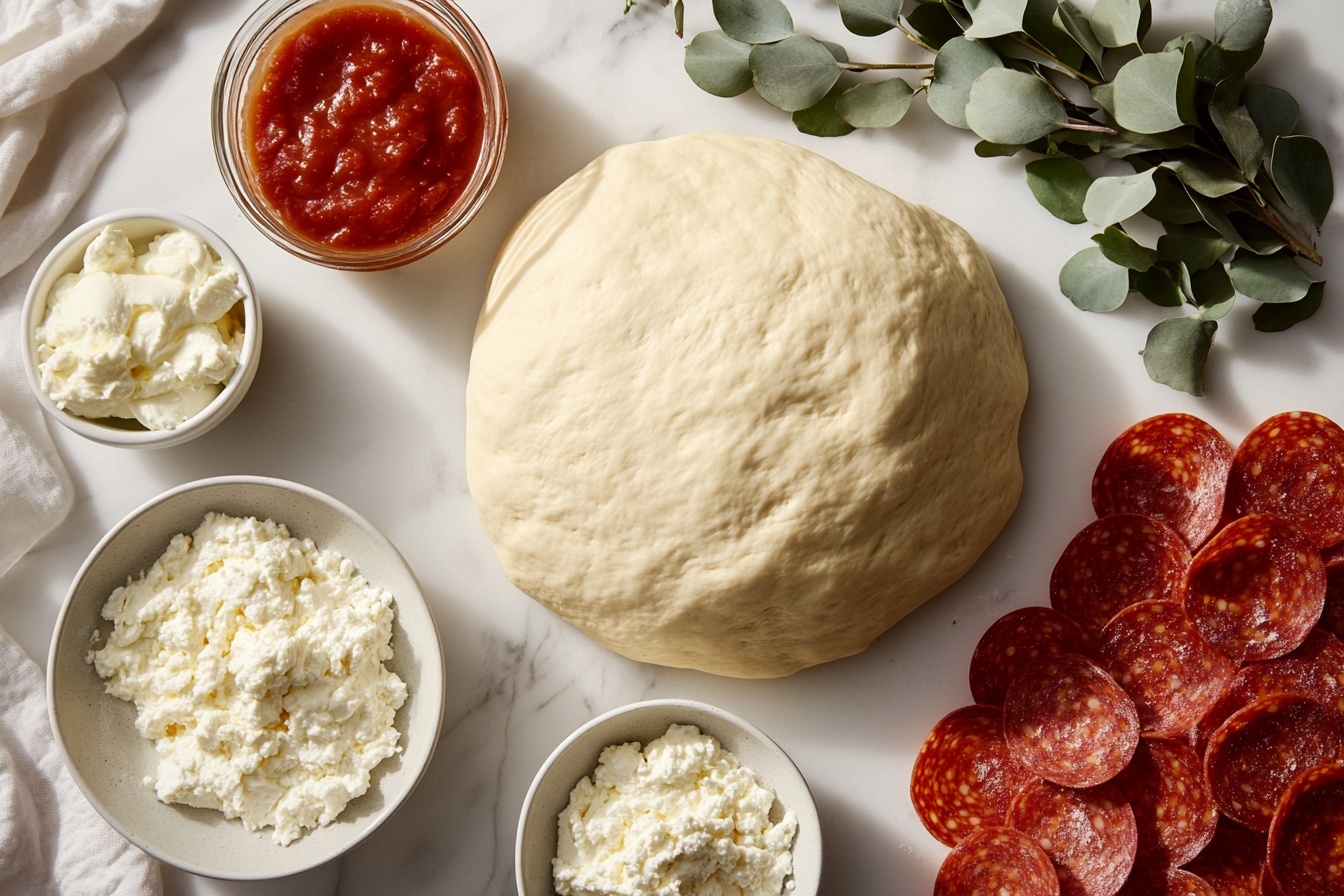 Hot Honey Pepperoni Ricotta Pizza Recipe 5 Single white plate featuring one slice of pepperoni pizza with a golden, slightly crispy crust, showing a close-up angled view that reveals the melted cheese layer bubbling beneath richly seasoned pepperoni slices and dollops of creamy ricotta cheese scattered with fresh basil leaves, the interior texture of the crust and gooey cheese clearly visible, all set on a white marble surface with natural lighting, styled like a cozy food blog shot, photo taken with an iphone --ar 4:5 --v 7