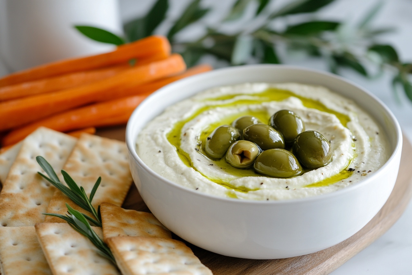Large white ceramic ramekin filled with creamy olive tapenade dip, topped with a trio of whole green olives and a drizzle of golden olive oil, surrounded by an abundant arrangement of crispy rectangular crackers on a wooden board, whole dish captured in a professional 3/4 angle shot on a white marble background with natural lighting, showcasing a delicious and inviting appetizer, photo taken with an iphone --ar 4:5 --v 7