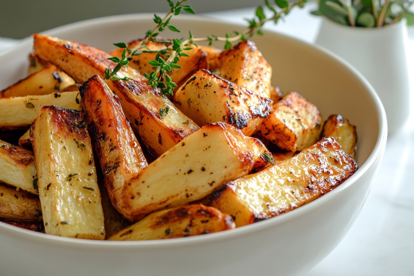 Large white serving bowl filled with a generous portion of whole roasted parsnips, each piece caramelized to a rich golden-brown with crispy edges, drizzled with a savory glaze and garnished with fresh sprigs of thyme, capturing the glossy texture and inviting aroma, photographed from a 3/4 angle on a white marble countertop with natural lighting, professional food magazine hero shot, photo taken with an iphone --ar 4:5 --v 7