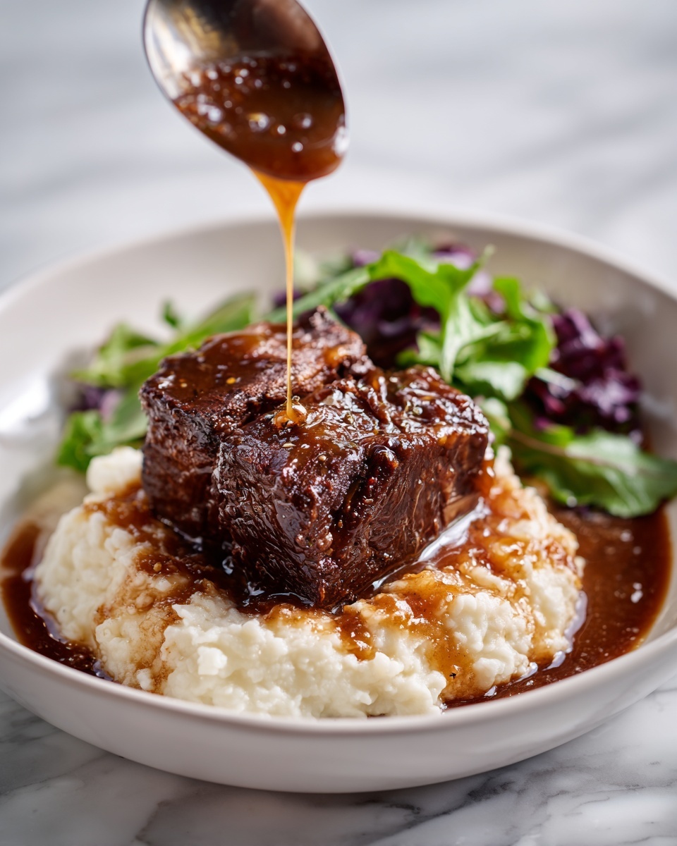 A white bowl holds a dish with three main layers. The bottom layer is creamy mashed potatoes with a soft, smooth texture in light yellow and white tones. On top of the mashed potatoes is a brown beef bone with tender, dark brown shredded meat falling off it. The meat is covered with thick, shiny dark brown gravy that looks rich and smooth. On one side of the bowl, there is a small serving of fresh green salad with leafy greens and thin red and white sliced vegetables. The photo is taken with an iphone --ar 4:5 --v 7