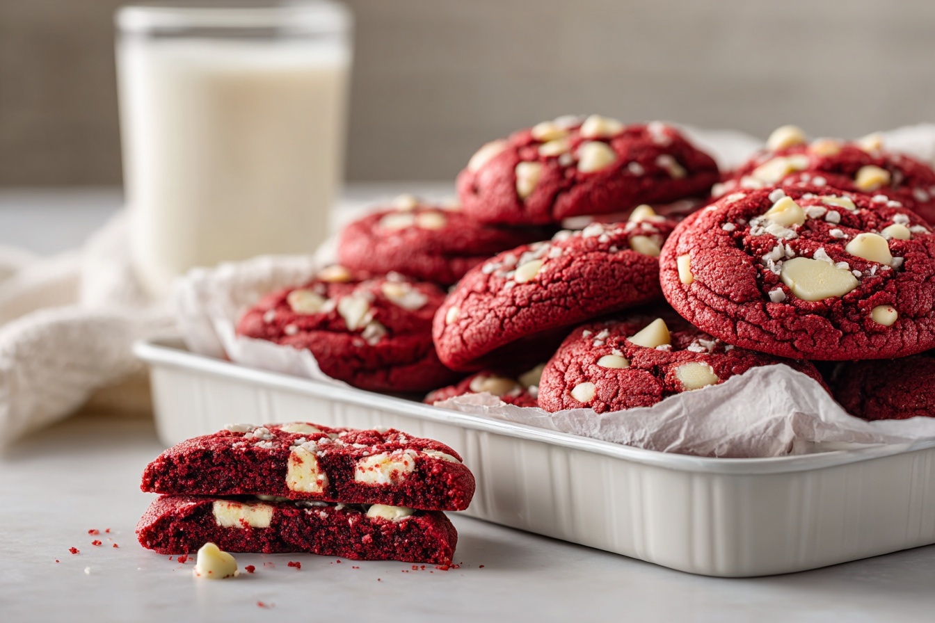 A woman's hand is holding a round red velvet cookie dotted with white chocolate chips and chunks of dark chocolate sandwich cookies, partially dipped into a clear glass filled with white milk, with milk dripping from the cookie back into the glass. The background shows a white marbled surface scattered with more whole and broken sandwich cookies, extra white chocolate chips, and several stacks of red velvet cookies. There is also a single chocolate heart shape near the glass. photo taken with an iphone --ar 4:5 --v 7