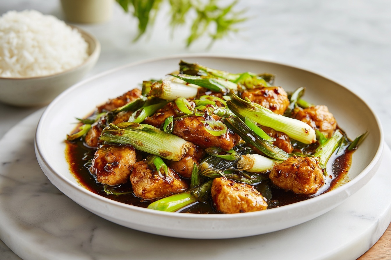 A round white plate with blue floral patterns holds a saucy chicken dish with many small pieces of golden brown chicken covered in a shiny, dark orange glaze. On top and mixed within the chicken are chopped green onions showing different shades of green, from light to dark. The chicken pieces look juicy and slightly crispy on the edges, and the sauce adds a glossy texture with some black pepper specks visible. The plate sits on a dark textured surface with a small bowl of chopped greens and a dark blue cloth napkin nearby. Photo taken with an iphone --ar 4:5 --v 7