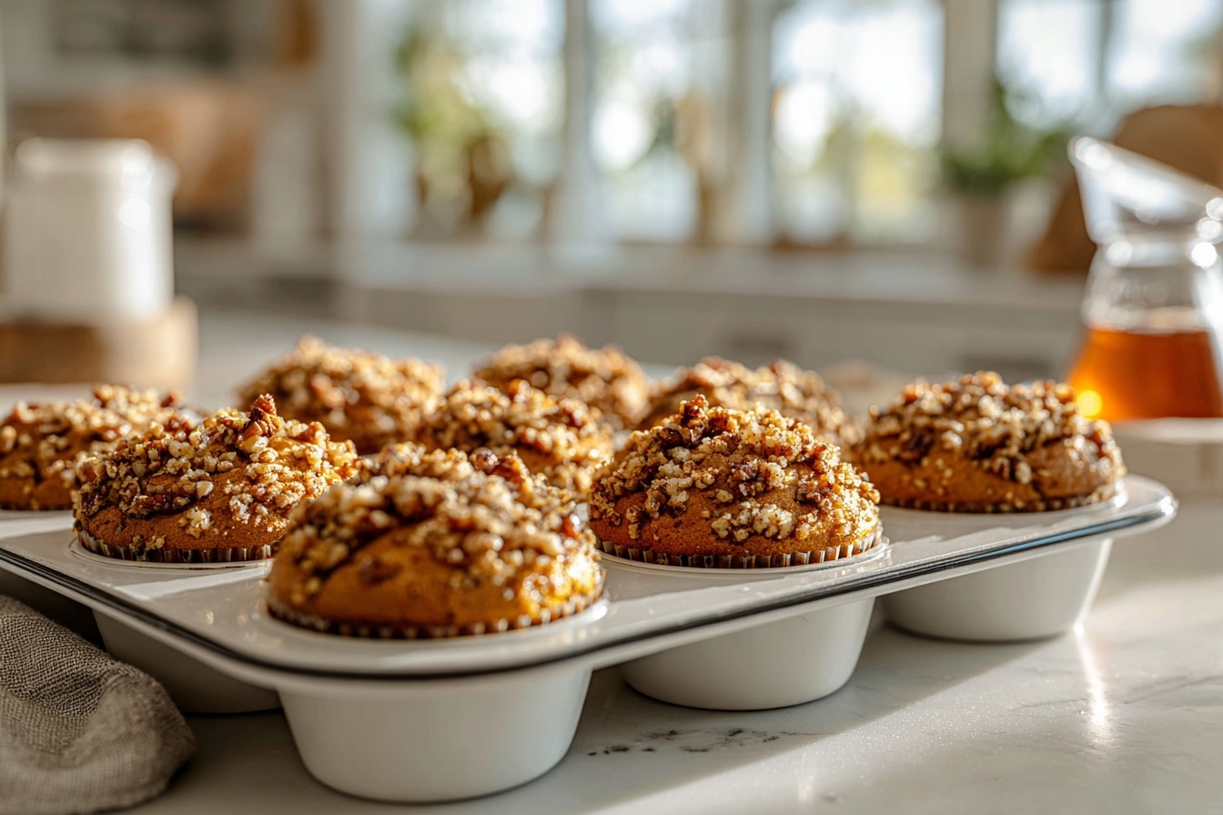 A single muffin-shaped dessert sits on a white plate with a white marbled surface underneath. The muffin has multiple layers: at the bottom, a soft golden-brown bread base, layered with lighter, soft pieces of apple chunks in the middle, and topped with a crumbly textured layer of chopped pecans mixed with a cinnamon-spiced crumble. All layers are coated with a shiny drizzle of sticky syrup that glistens under the light. A cinnamon stick lies to the right edge of the plate, and a metal fork with a green and brown patterned handle rests on the left edge of the plate. The background shows blurred bowls of more nuts and muffins. Photo taken with an iphone --ar 4:5 --v 7