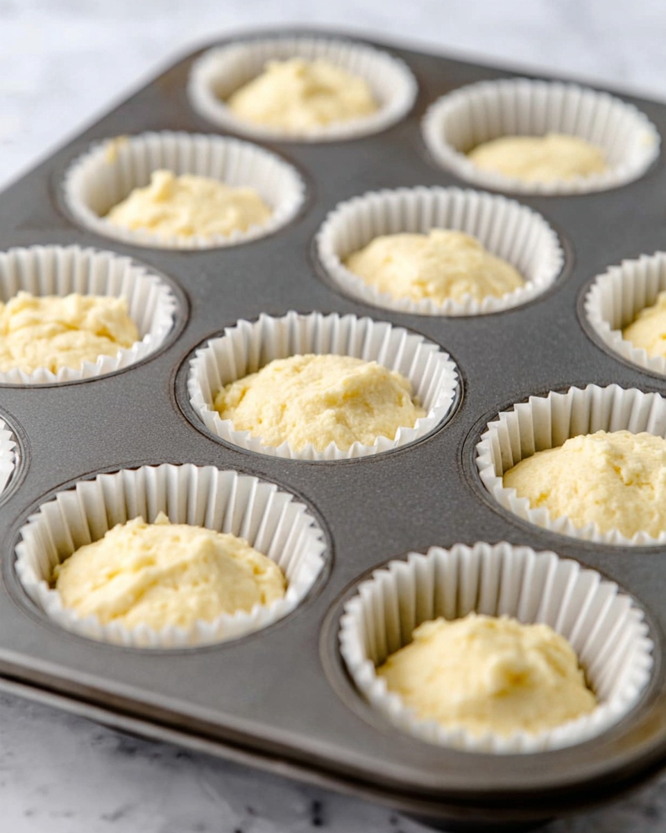 Easy Homemade Vanilla Cupcakes Recipe 5 A close-up image of a gray metal muffin tray filled with white paper liners, each holding pale yellow smooth batter. The tray holds twelve muffin cups, each uniformly filled just below the rim, showing the thick texture of the batter. The background is a white marbled surface, adding a clean and bright look to the photo. photo taken with an iphone --ar 4:5 --v 7