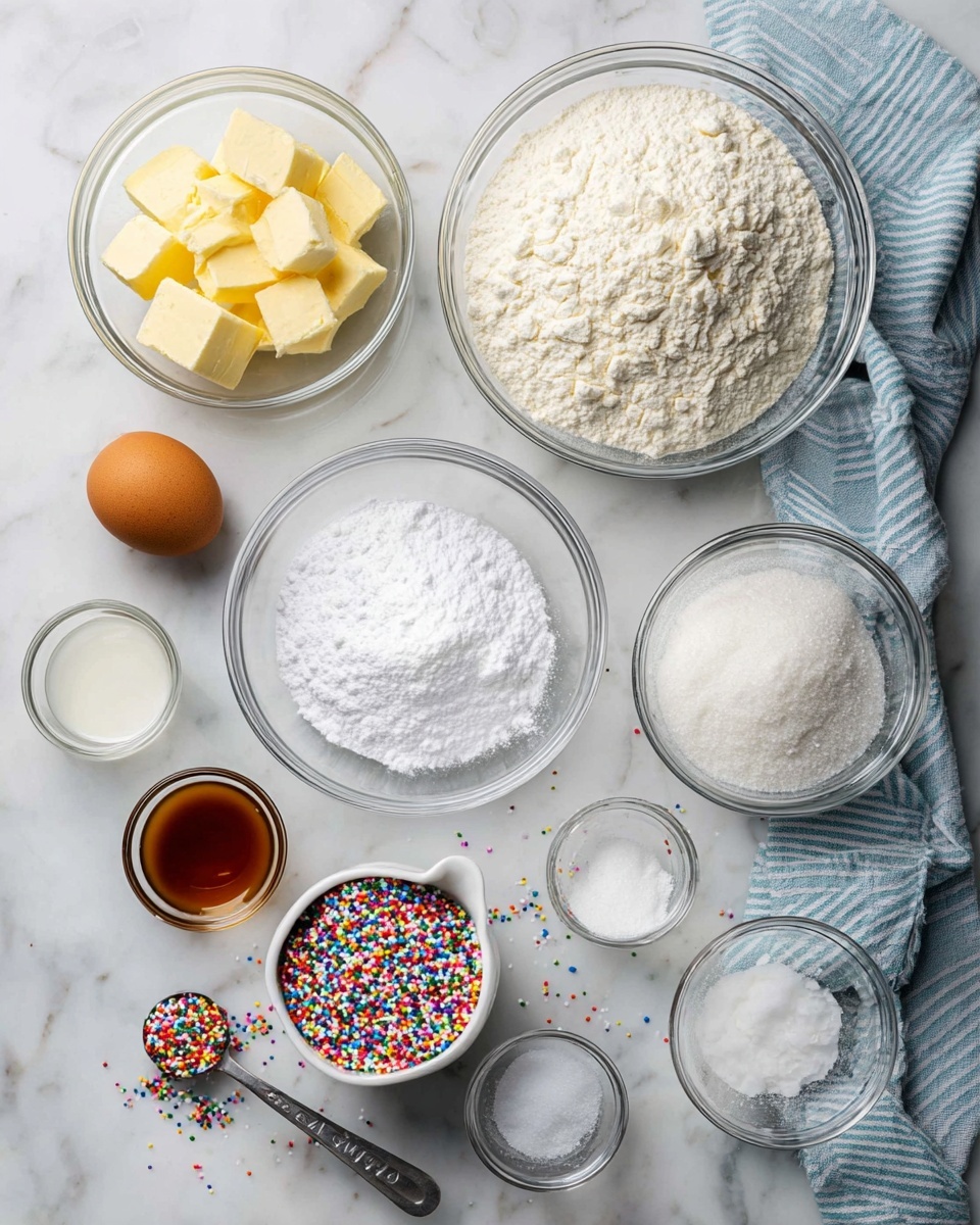 Sugar Cookie Bars Recipe 5 The image shows several clear glass bowls and small containers placed on a white marbled surface. There is a large bowl filled with white powdered sugar at the bottom center, a medium bowl with white flour at the top right, and a medium bowl with white granulated sugar in the middle. A smaller bowl at the top left holds light yellow butter cubes. To the left center, there is a brown egg and a small clear bowl with a light liquid, likely milk. At the bottom right, there is a small bowl with light brown vanilla extract, and nearby are three tiny clear bowls containing white salt, white baking powder, and clear liquid. A silver measuring spoon is near the bottom left. A small white cup filled with multicolored sprinkles is near the top right, with a few sprinkles scattered on the surface. A soft blue and white striped cloth is draped on the right edge. Photo taken with an iphone --ar 4:5 --v 7