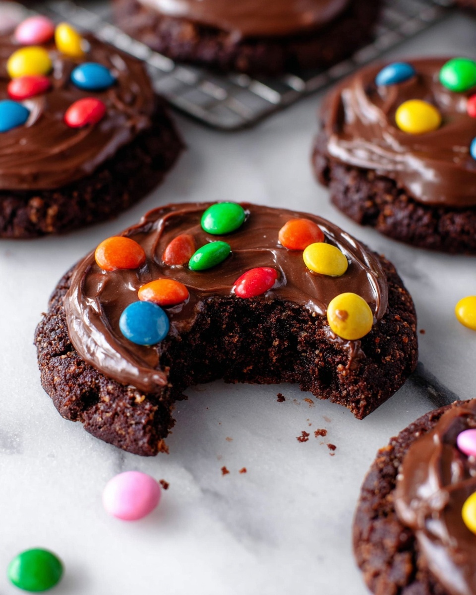 The image shows round dark chocolate cookies with a rough texture as the bottom layer, topped with a smooth, shiny layer of thick chocolate frosting spread evenly across each cookie. On top of the frosting, there are small round colorful candy pieces scattered randomly, adding bright pops of red, green, yellow, blue, orange, pink, and purple. One cookie in the center has a bite taken out of it, revealing the dense, soft inside. The cookies are placed on a white marbled surface with a few candies scattered around, and a woman's hand is not visible but implied by the bite. Photo taken with an iphone --ar 4:5 --v 7