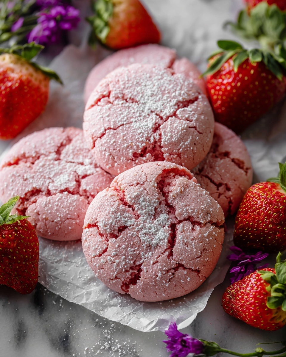 The image shows four round pink cookies with cracks on their surface, dusted lightly with white powdered sugar on top. The cookies have a soft texture and are placed on white parchment paper. Around the cookies, there are several fresh red strawberries with green leaves. The scene is set on a white marbled surface, and a few small purple flowers are scattered near the cookies and strawberries. The overall look is bright and fresh with a nice mix of pink, red, green, and white colors. photo taken with an iphone --ar 4:5 --v 7