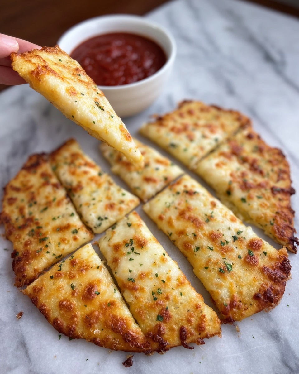 A round flatbread with one golden brown layer of melted cheese sprinkled lightly with small green herb bits, cut into six uneven slices, with a woman's hand holding one slice above the rest on a white marbled surface. Behind the flatbread, there is a small white bowl filled with thick red sauce. The image is bright and focuses on the texture of the melted cheese. Photo taken with an iphone --ar 4:5 --v 7