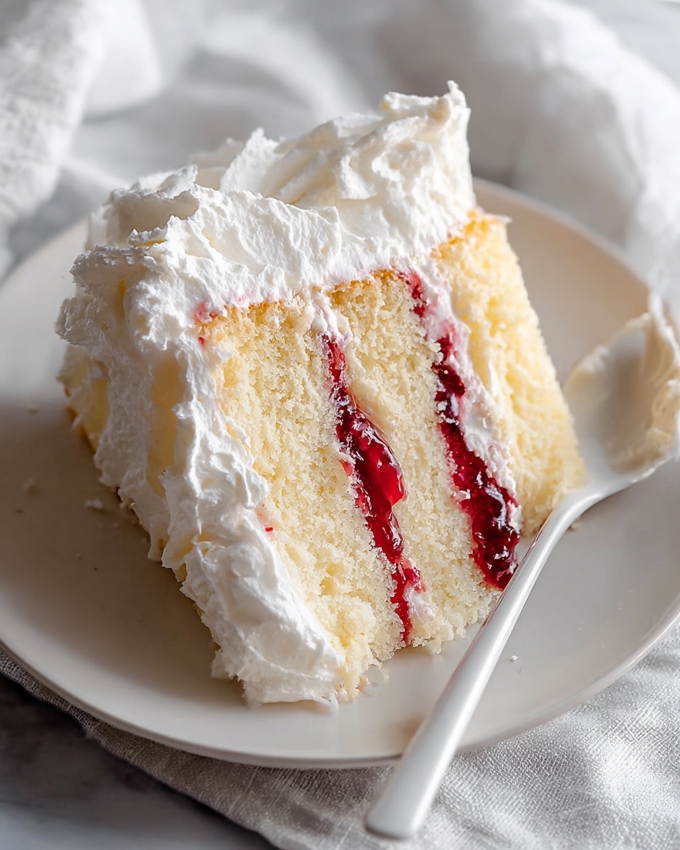 A slice of three-layer white cake with two thin layers of bright red jam in the middle sits on a white plate. Each cake layer is light yellow and soft, covered by a thick layer of fluffy white whipped cream frosting that covers the top and sides unevenly. A white spoon is placed beside the slice on the plate, and the background is a white marbled texture. The overall look is simple, fresh, and soft. photo taken with an iphone --ar 4:5 --v 7