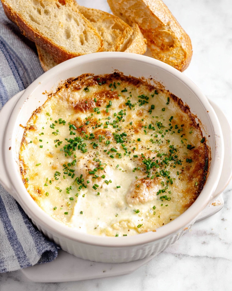 White ceramic baking dish filled with a whole creamy baked cheesy dip, bubbling golden on top with melted cheese and sprinkled with fresh chopped chives, showing a rich, smooth texture at the edges, placed on a white marble countertop with natural light highlighting the dish’s inviting surface, styled as a professional hero shot from a food magazine, photo taken with an iphone --ar 4:5 --v 7