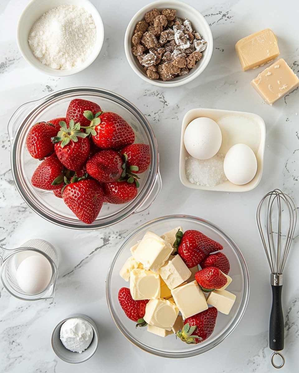 Large white platter featuring an arrangement of glossy pink domed mousse cakes, each adorned with fresh, ripe strawberries, delicate edible flowers, and shimmering gold leaf accents, the bases coated in textured pink crumble, presented as a complete set of multiple desserts, captured from a professional 3/4 angle on a white marble countertop with natural lighting, styled as a hero shot from a food magazine, photo taken with an iphone --ar 4:5 --v 7