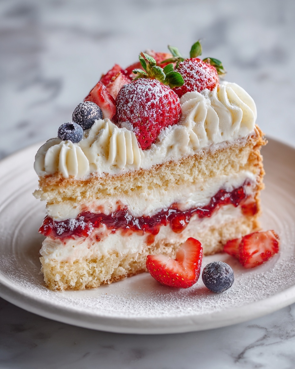 Exquisite Berry Cream Pastry Cake Recipe 4 Entire round white cake on a white ceramic plate, beautifully decorated with thick layers of fluffy cream and rich mixed berry jam filling, topped with piped swirls of whipped cream and crowned with fresh strawberries, blueberries, and raspberries, dusted lightly with powdered sugar, photographed from a 3/4 angle showing the whole uncut cake on a white marble surface with natural lighting, styled like a hero shot from a high-end food magazine, photo taken with an iphone --ar 4:5 --v 7
