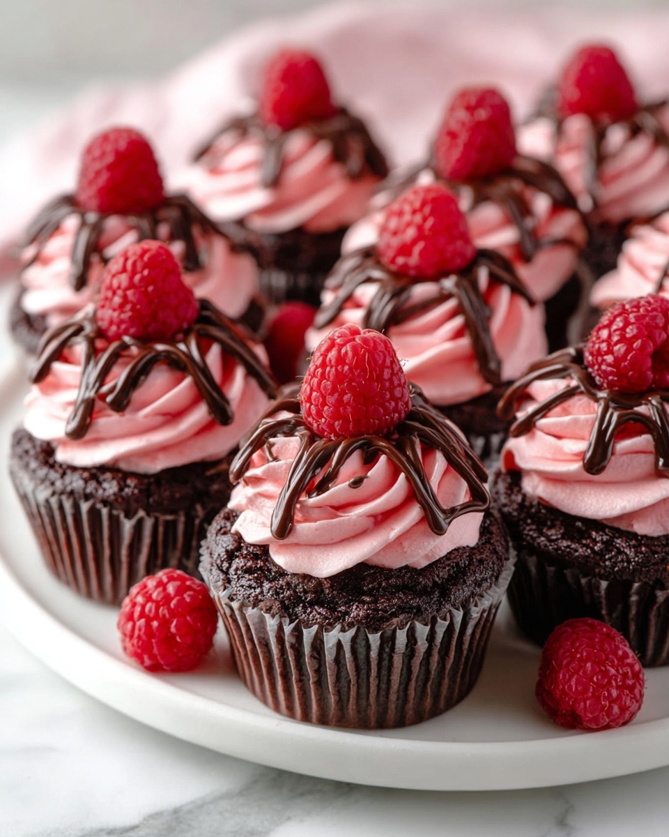 A white ceramic platter filled with a dozen rich chocolate cupcakes topped with abundant swirls of smooth pink frosting, each adorned with glossy dark chocolate drizzle and a fresh, plump red raspberry, arranged uniformly to showcase the entire batch as a vibrant dessert display, shot from a 3/4 angle on a white marble background with natural lighting, styled like a professional food magazine hero shot, photo taken with an iphone --ar 4:5 --v 7