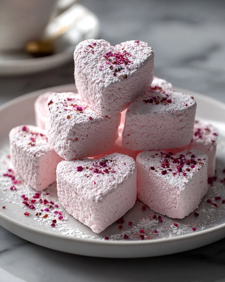 Raspberry Marshmallow Hearts Recipe 6 White plate filled with whole, heart-shaped pink marshmallows evenly dusted with powdered sugar and sprinkled with delicate red berry bits, piled high in an inviting stack, photographed at a professional 3/4 angle on a white marble surface with natural lighting, styled like a hero shot from a food magazine, photo taken with an iphone --ar 4:5 --v 7