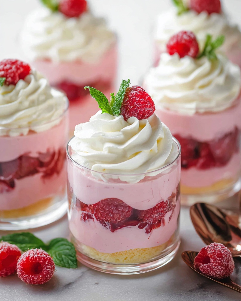 Raspberry Mousse Cups Recipe 6 A group of elegant clear glass dessert cups arranged on a white marble countertop filled with layers of pink raspberry mousse, fresh whole raspberries, and soft sponge cake, each topped with a generous swirl of whipped cream, a single fresh raspberry, and a sprig of mint, showcasing the full, vibrant dessert servings with natural lighting, professional overhead food magazine style photo taken with an iphone --ar 4:5 --v 7