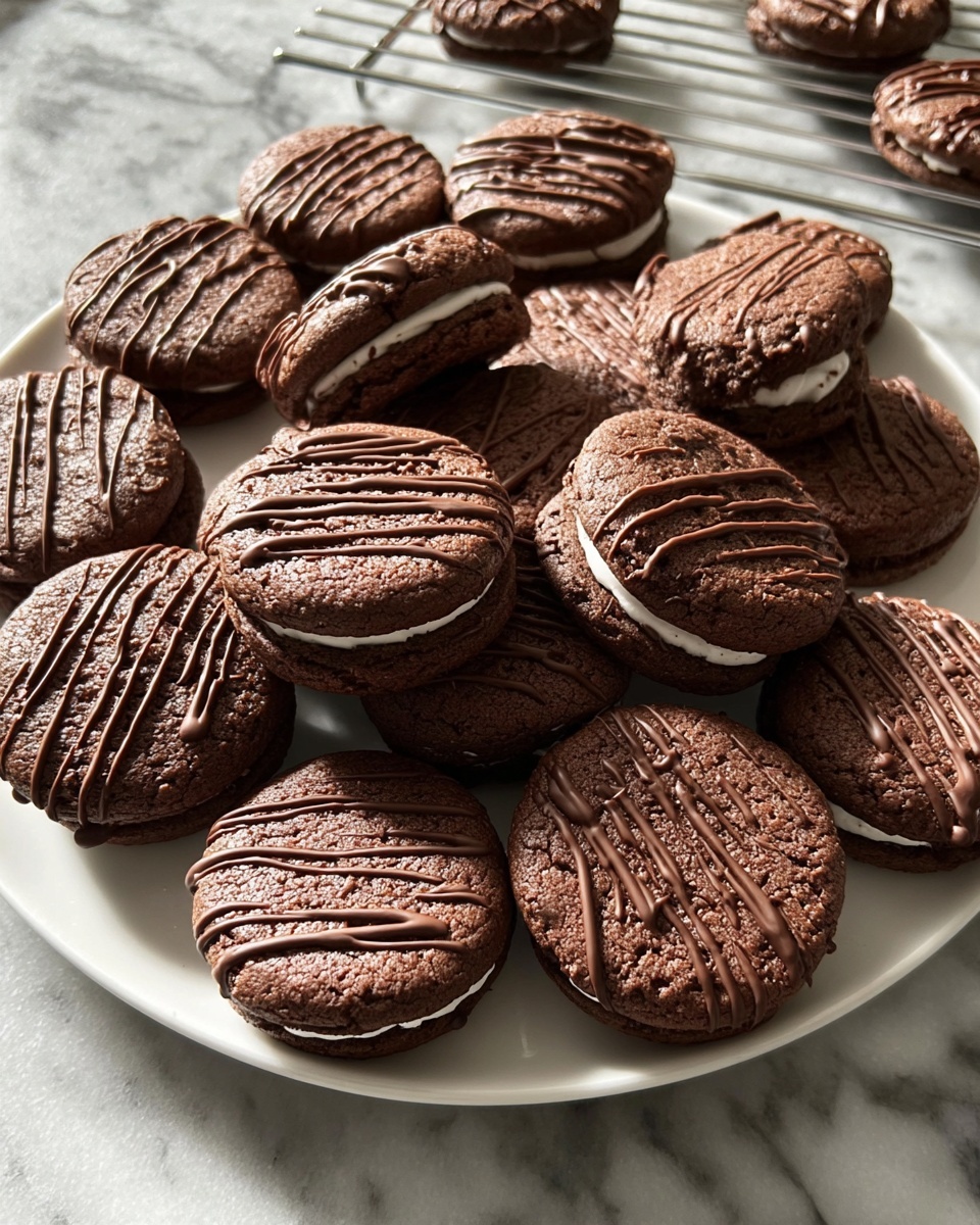 A large white ceramic plate filled with a full batch of freshly baked chocolate sandwich cookies, each cookie paired with a rich chocolate cream filling and elegantly drizzled with smooth chocolate lines on top, arranged neatly to showcase their round shape and textured surface, photographed from a professional 3/4 angle on a white marble countertop with natural lighting, hero food magazine style photo taken with an iphone --ar 4:5 --v 7