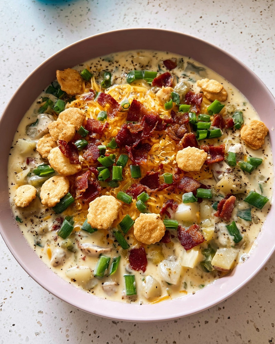 A large white ceramic bowl filled to the brim with creamy, rich clam chowder, generously dotted with crispy bacon pieces and topped with bright green chopped scallions and whole oyster crackers scattered evenly across the surface. The chowder looks thick and hearty, brimming with chunks of clams and potatoes, showcasing its comforting, homemade style. The whole bowl is photographed from a 3/4 angle on a white marble countertop with natural daylight highlighting the textures and fresh ingredients, styled for a professional food magazine hero shot. photo taken with an iphone --ar 4:5 --v 7