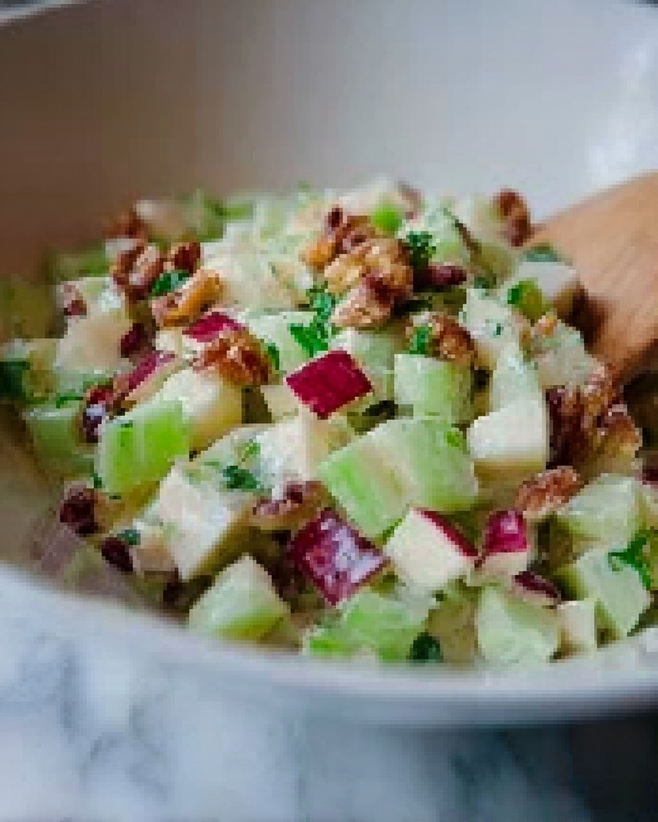 Creamy Waldorf Salad with Apples, Grapes, and Nuts Recipe 6 Large white bowl filled with a whole generous serving of Waldorf salad, showcasing crisp diced red apples, chopped celery, crunchy walnuts, and fresh leafy herbs fully coated in creamy dressing, garnished with whole celery leaves on top, presented on a rustic wood surface, bright natural lighting highlighting fresh textures, professional food styling photo taken with an iphone --ar 4:5 --v 7