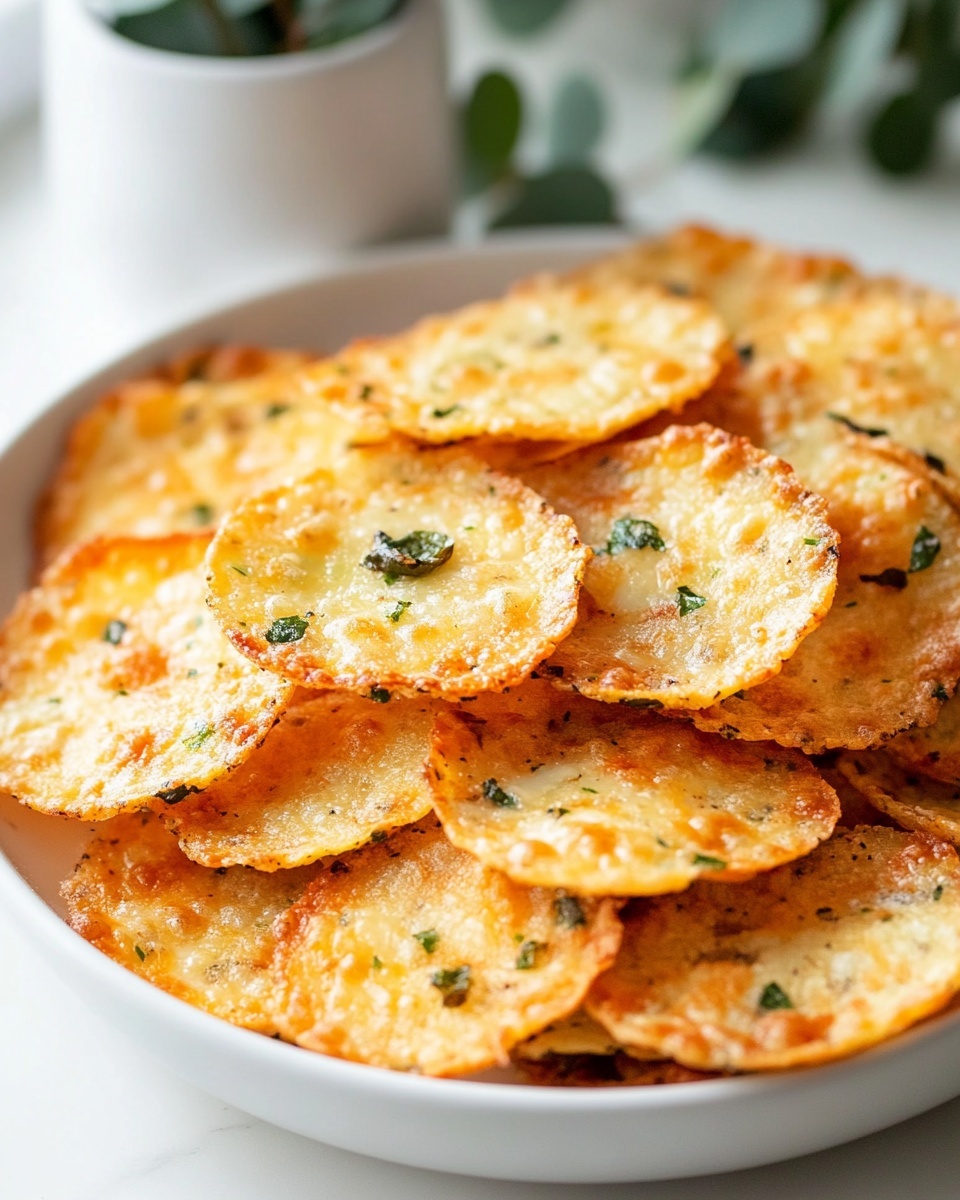 Large white plate filled with an entire batch of golden, crispy cheese crisps, each round and evenly browned with slightly ruffled edges, flecked with small pieces of green jalapeño peppers baked into the melted cheese, arranged closely together displaying their crunchy texture, photographed from a 3/4 angle on a white marble countertop with natural lighting, professional food styling photo taken with an iphone --ar 4:5 --v 7