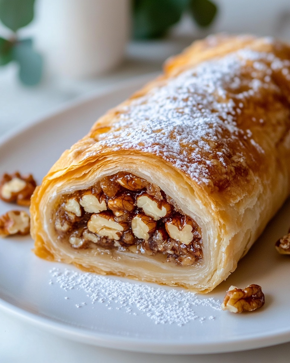 Flaky Italian Nut Roll Cookies Recipe 6 Elegant white plate overflowing with a full batch of pecan-filled rugelach pastries, each delicately rolled with flaky golden-brown dough and generously stuffed with chopped pecans, lightly dusted with powdered sugar and topped with whole pecan halves, surrounded by scattered pecans for added texture, beautifully arranged for a professional food magazine hero shot, overhead 3/4 angle on a white marble countertop with natural lighting, photo taken with an iphone --ar 4:5 --v 7