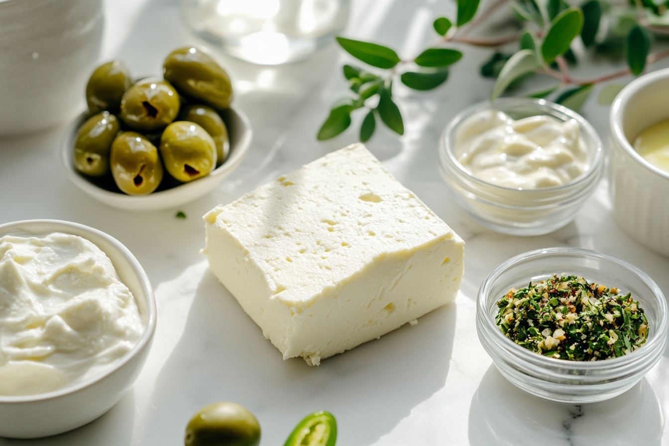 Single white plate featuring a generous portion of creamy olive and herb dip served in a small scooped mound, topped with three glossy green olives and a drizzle of golden olive oil, surrounded by neatly arranged colorful celery and carrot sticks and a few square crackers, close-up view capturing the textured, slightly chunky interior of the dip with visible herbs and small bits of olives, all set on a white marble surface, natural lighting highlighting the fresh and inviting presentation, intimate plated serving photo taken with an iphone --ar 4:5 --v 7