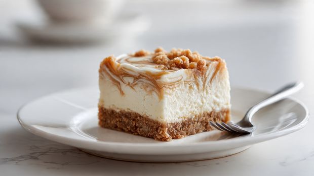 Carrot Cake Bars with Cheesecake Swirl Recipe 4 The image shows six square-shaped dessert bars on a white plate placed on a white marbled surface. Each bar has two visible layers: a light brown bottom layer with a soft, moist texture, and a top layer with a creamy white color mixed with swirls of light brown, creating a marbled effect. The bars are neatly cut and arranged casually on the plate, with some overlapping. The top layer looks smooth with slight golden spots and small crumbly bits, enhancing the texture. Photo taken with an iphone --ar 4:5 --v 7