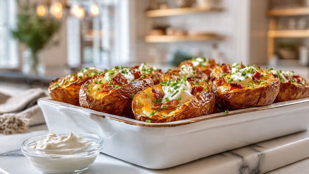 Loaded Cheesy Potato Skins with Bacon Crunch Recipe