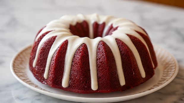 A deep red bundt cake with a smooth, slightly textured surface dotted with small dark chocolate chips throughout, sitting on a white plate with simple decorative edges, all placed on a white marbled background photo taken with an iphone --ar 4:5 --v 7