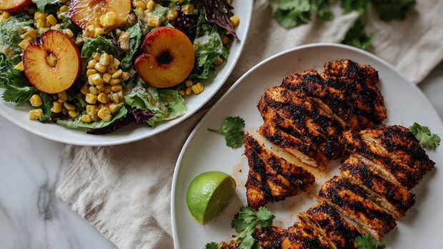 The image shows two white bowls filled with a fresh salad on a white marbled surface. Each bowl has a base layer of mixed green leaves, including spinach and lettuce. On top of the greens, there are pieces of grilled yellow and red peaches and bright yellow grilled corn cut into small sections with some char marks. One side of each bowl has neatly sliced grilled chicken with dark grill lines and a light brown grilled crust. A halved lime rests inside one bowl near the salad greens. Around the bowls, there are fresh green herbs scattered, a beige cloth underneath, and two whole peaches placed near the bowls. Photo taken with an iphone --ar 4:5 --v 7