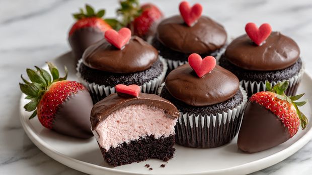 A white plate holds eight chocolate cupcakes with three layers each: the dark chocolate base, a middle layer of pale pink cream filling visible in one cupcake that is bitten showing the inside, and a smooth, shiny dark chocolate frosting on top which has a glossy texture. Every cupcake is decorated with a small red strawberry heart piece placed at the center of the frosting. The plate sits on a white marbled surface, and there are three whole strawberries dipped halfway in dark chocolate nearby. Photo taken with an iphone --ar 4:5 --v 7