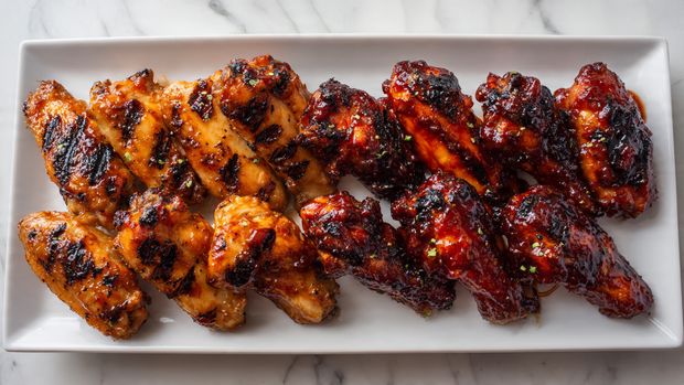 A white round plate holds three main items: a dark brown grilled chicken piece with a shiny, slightly charred surface on the left, a creamy corn on the cob with a light yellow color coated in a white sauce and topped with orange-red powder and small bits on top at the back center, and a portion of colorful coleslaw on the right made of shredded red cabbage, carrots, and green vegetables mixed with a creamy dressing. A silver fork rests on the right edge of the plate. The background is a white marbled texture with a wooden table partially visible in the upper part of the image, and another white plate with more grilled chicken can be seen in the upper right. Photo taken with an iphone --ar 4:5 --v 7