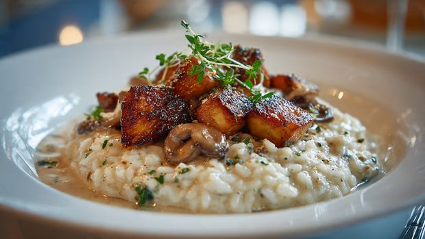 A white bowl filled with creamy beige risotto mixed with light brown and off-white sliced mushrooms is shown. On top, there is a layer of sautéed darker brown mushrooms with a slightly crispy texture. Bright green basil leaves are scattered on the risotto for color contrast. A silver spoon is lifting a portion of the risotto with mushrooms, revealing the thick and creamy texture. The bowl sits on a white marbled surface with two cloves of peeled garlic nearby and some green leaves. The background is softly blurred with another white bowl filled with the same dish visible. photo taken with an iphone --ar 4:5 --v 7