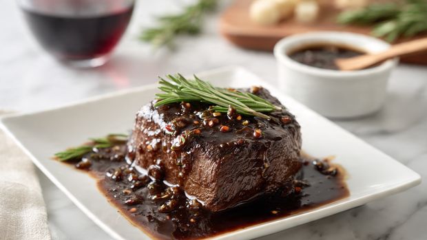A thick piece of cooked steak sits on a white square plate, covered in a dark, rich sauce with visible small bits and a slightly shiny texture. Two sprigs of fresh rosemary lay artfully on top and beside the steak, adding a touch of green color. The sauce pools a little on the plate, creating a darker wet layer under the steak. In the background, a white bowl with extra sauce and a small wooden spoon rest on a white marbled surface, alongside a glass of red wine and some more green herbs, all softly blurred. Photo taken with an iphone --ar 4:5 --v 7